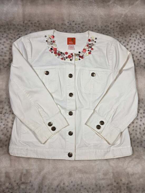 Hearts of Palm Jackets & Blazers - Hearts of Palm White Denim Beaded Collarless Cropped Jean Jacket Size 14